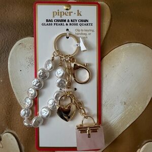 Piper K Glass Pearl & Rose Quartz Bag Charm with Gold Heart & Pink & Gold Purse